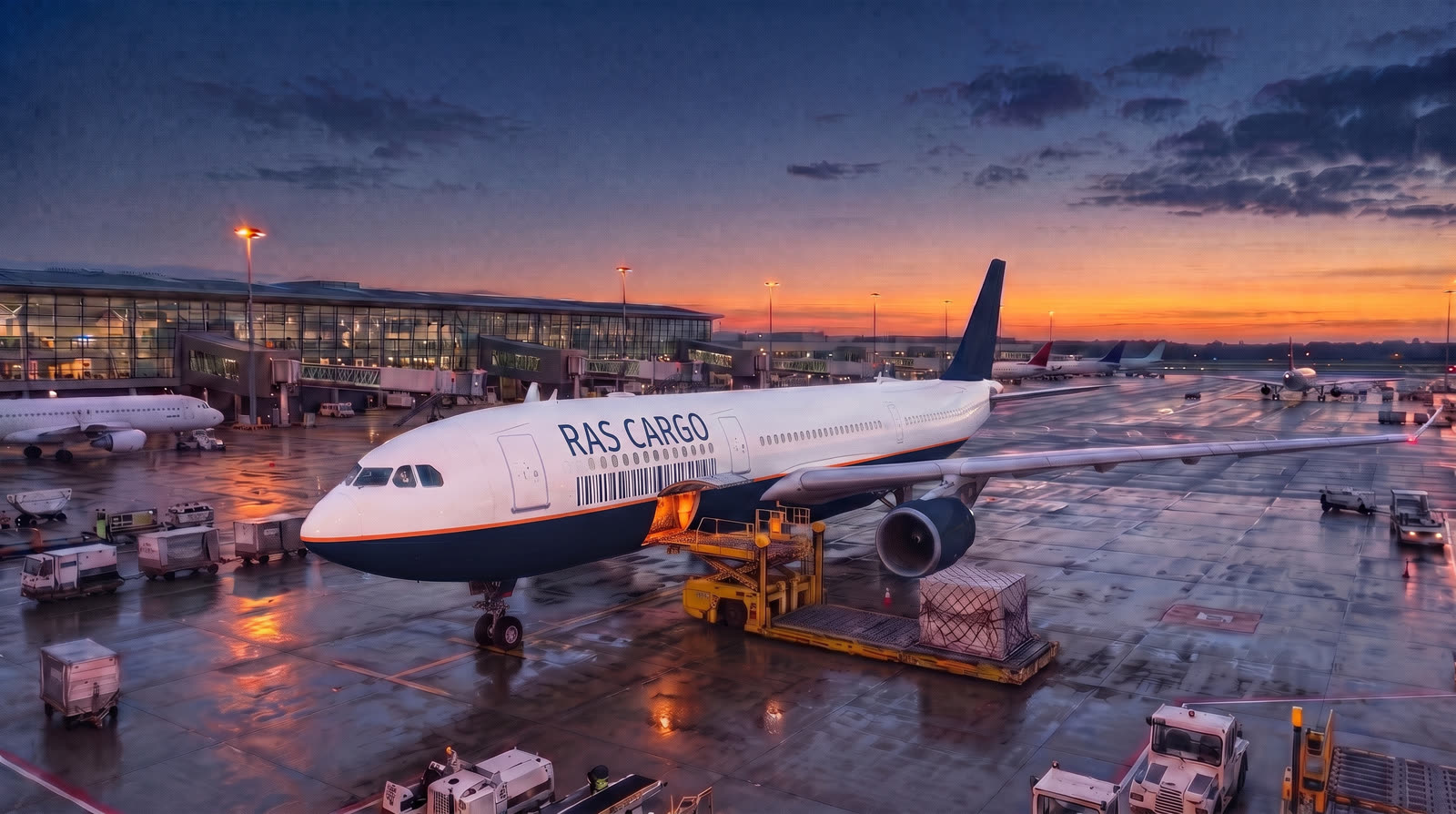 A white and navy RAS Cargo airliner at its stand at dusk, a loader beside its cargo door
