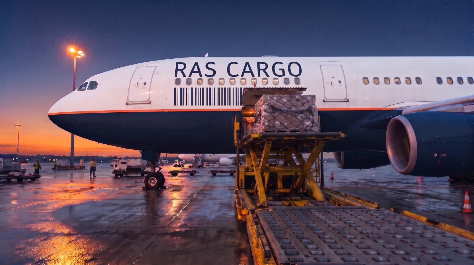 A netted pallet raised to the cargo hold of a RAS Cargo airliner